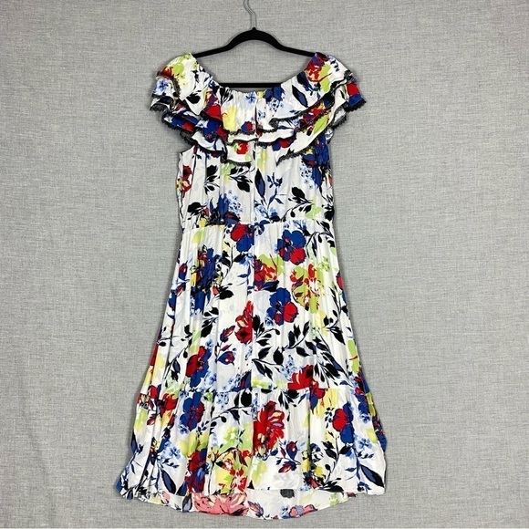 Peter Nygard Floral Midi Dress Sz 16 Ruffles Off the Shoulder - Picture 2 of 12